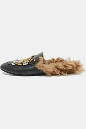 Gucci Leather and Fur Tiger Embroidered Princetown Mules Size 39