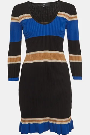 Elisabetta Franchi Striped Rib Knit Long Sleeve Midi Dress M