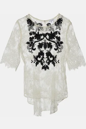 Oscar de la Renta Lace Contrast Embroidery High Low Hem Top M