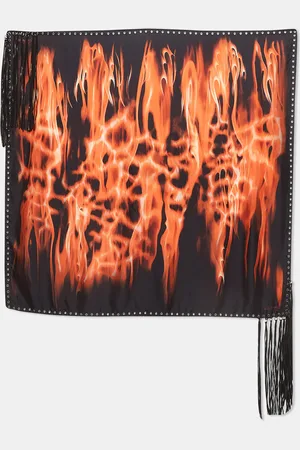 Roberto Cavalli Flames Print Silk Leather Fringed Scarf