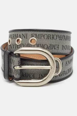 Emporio Armani /Black Logo Print Fabric and Leather Buckle Belt