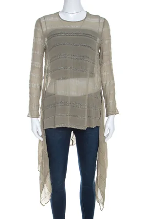 Giorgio Armani Sage Sheer Linen Silk Asymmetric Hem Long Sleeve Blouse M