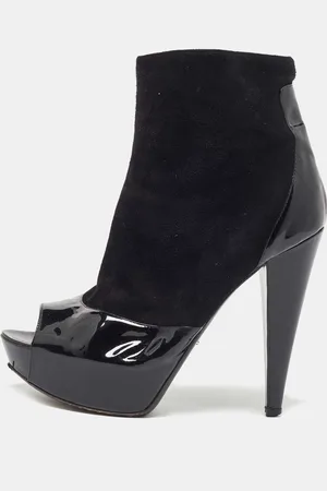 Sergio Rossi Patent And Suede Leather Baltimora Peep Toe Platform Ankle Boots Size 39.5