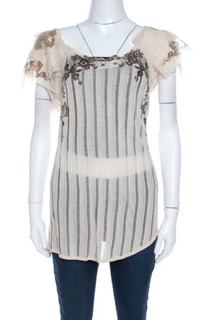 Kenzo Buttercream Foil Print Striped Knit Layered Tulle Sleeve Top XL