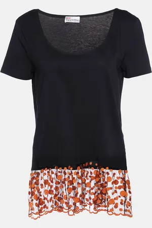 RED Valentino Cotton Knit & Embroidered Tulle Hem Top L