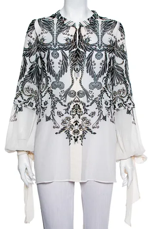 Roberto Cavalli Monochrome Printed Silk Sleeve Tie Detail Top M