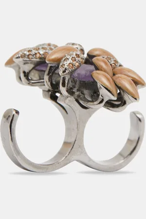 Roberto Cavalli Gunmetal Tone Crystal & Stone Double Finger Ring Size EU 56