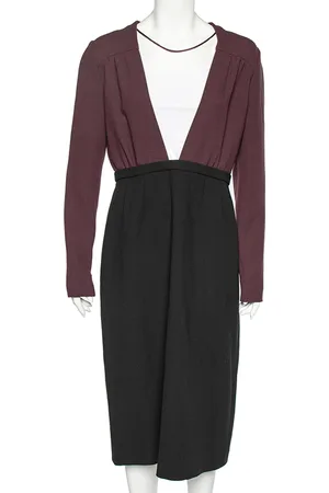 Miu Miu Burgundy Textured Wool Plunge Neck Midi Dress L