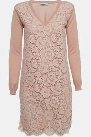 VALENTINO Pale Floral Lace & Wool Knit Long Sleeve Dress S