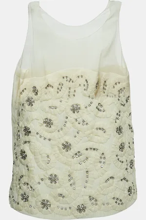 Chloé Crystals Embellished Silk & Linen Blend Sleeveless Top M