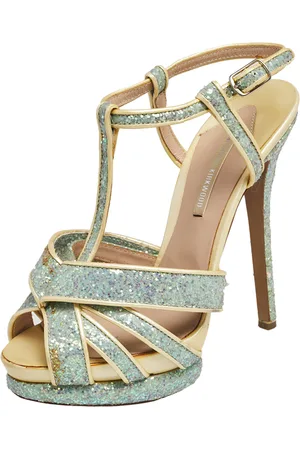 Nicholas Kirkwood /Cream Patent Leather and Glitter T Strap Platform Sandals Size 37.5