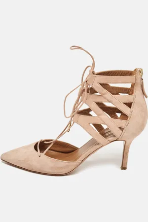Aquazzura Pink Suede Belgravia Lace Up Pointed Toe Pumps Size 37.5