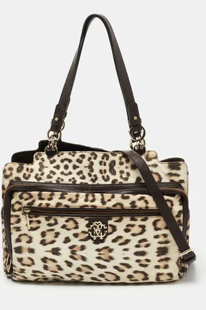 Roberto Cavalli /Beige Leopard Satin and Leather Tote