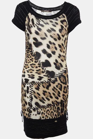 Roberto Cavalli Animal printed Jersey & Wool Knit Ruched Mini Dress S