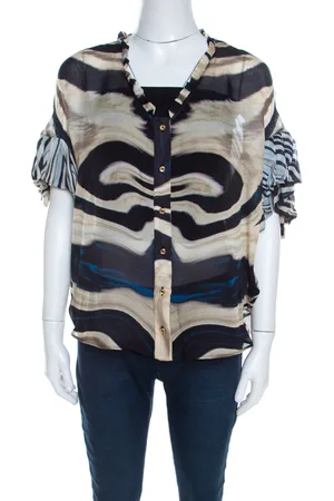 Roberto Cavalli Striped Silk Batwing Sleeve Ruffled Top S