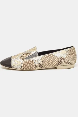 CHANEL Tricolor Snakeskin and Leather Cap Toe CC Smoking Slippers Size 41
