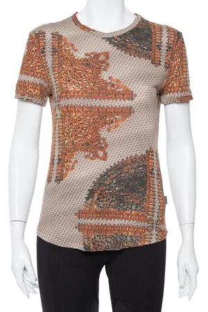 Roberto Cavalli Brown & Printed Knit Short Sleeve Top L