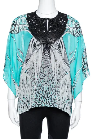 Roberto Cavalli Turquoise Printed Silk Leather Trim Kaftan Top M
