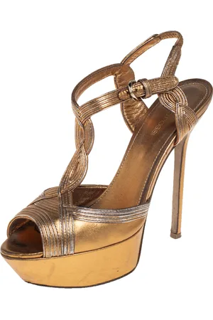 Sergio Rossi Metallic Open Toe Platform T Strap Sandals Size 37.5