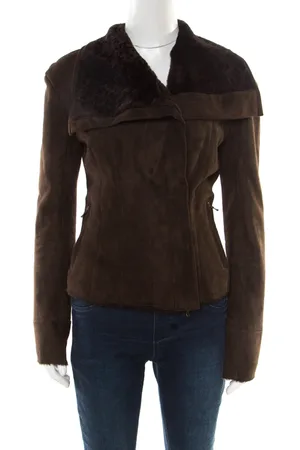 Lanvin Chocolate Lambskin Leather Shearling Lined Biker Jacket M