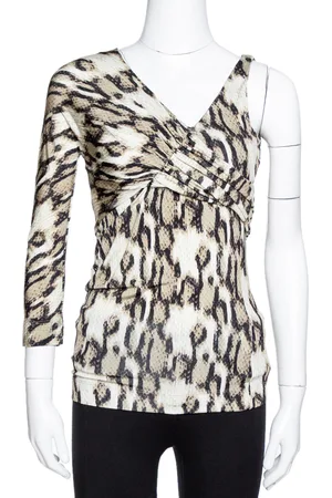 Roberto Cavalli Khaki Snake Print Jersey Draped Asymmetrical Top M
