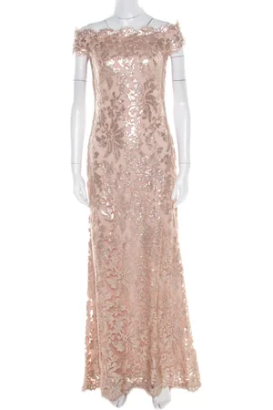 Tadashi Shoji Blush Pink Sequined Off Shoulder Evening Gown S