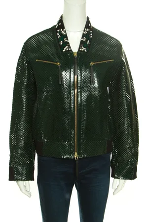Marni Emerald Perforated Leather Floral Embellished Detail Bomber Jacket S