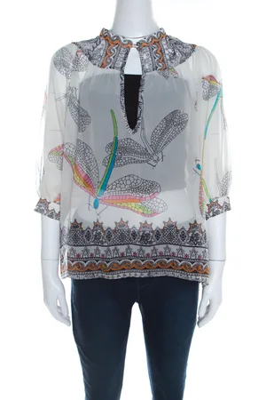 Matthew Williamson Off Dragonfly Printed Silk Chiffon Sheer Blouse M