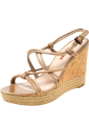 Prada Leather Strappy Cork Wedge Espadrille Platform Sandals Size 37.5