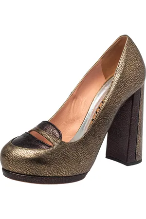 Rochas Bronze/Brown Leather Block Heel Loafer Pumps Size 39