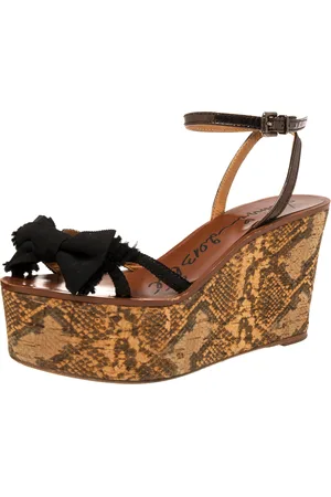 Lanvin Metallic/ Canvas and Leather Bow Python Print Platform Wedge Sandals Size 39