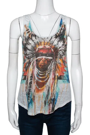 Balmain Pale Linen Jersey Red Indian Print Sleeveless Tank Top S
