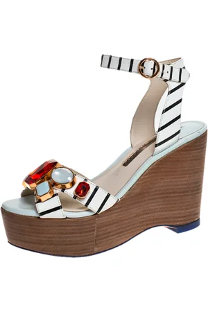 SOPHIA WEBSTER /Black Striped Leather Suki Gem Embellished Wedge Platform Sandals Size 37.5