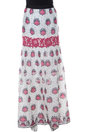 Alberta Ferretti & Pink Cotton Floral Print Lace Insert Maxi Skirt L