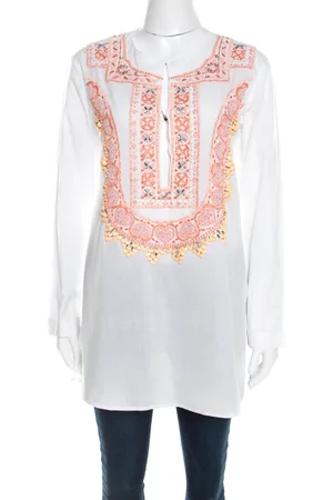 Roberto Cavalli Cotton Beaded Embroidered Detail Long Sleeve Blouse S
