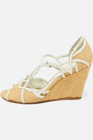 Prada /White Raffia and Leather Wedge Sandals Size 36