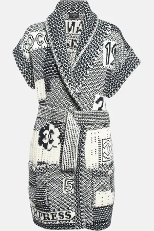 CHANEL /White Intarsia Knit Cashmere Belted Cardigan S