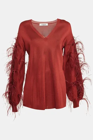 VALENTINO Ostrich Feather Trim Knit V-Neck Sweatshirt S