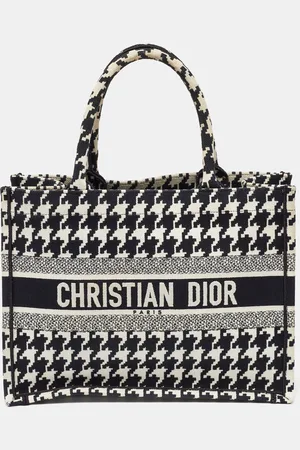 Dior /White Embroidered Macro Houndstooth Canvas Medium Book Tote