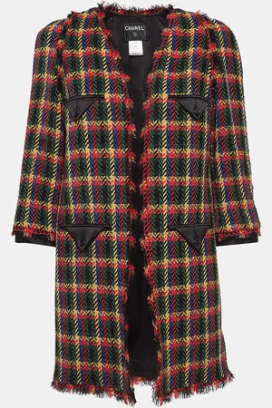 CHANEL Vintage Patterned Wool Blend Open Front Fringed Coat L