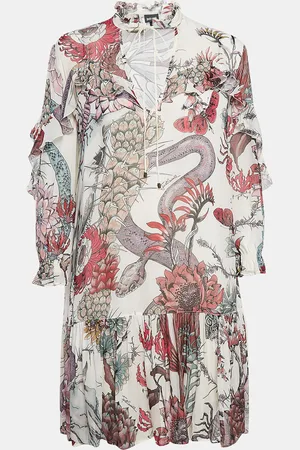 Roberto Cavalli Printed Crepe Tie-Up Neck Mini Dress M