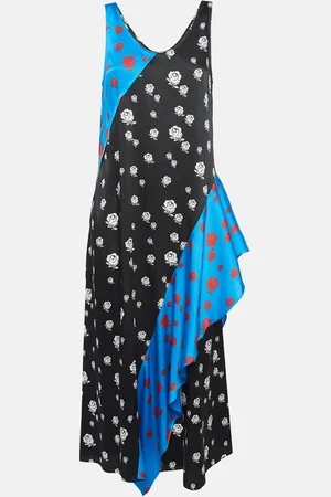 Kenzo Blue/ Rose Print Crepe Ruffled Midi Dress M