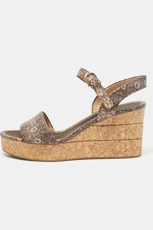 Salvatore Ferragamo Lizard Embossed Leather Madea Cork Wedge Sandals Size 40.5