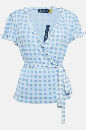 Ralph Lauren Checks Print Jersey Wrap-Around Ruffled Top L