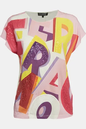 Salvatore Ferragamo Pink Printed Jersey Sequin Detail T-Shirt S