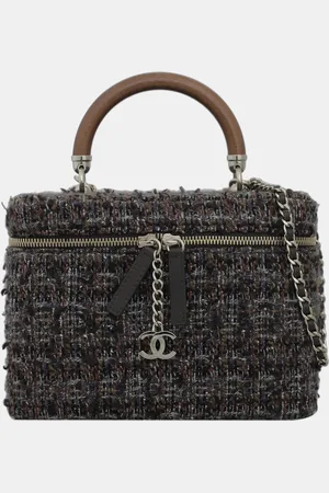 CHANEL / Brown Tweed Vanity Case Wood Handle Bag