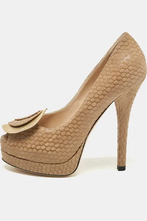 Fendi /Gold Printed Suede and Leather Peep Toe Platform Pumps Size 37
