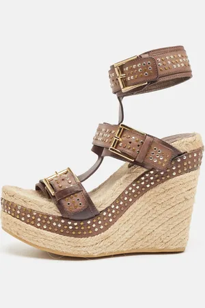 Alexander McQueen /Beige Jute and Leather Wedge Ankle Strap Sandals Size 37