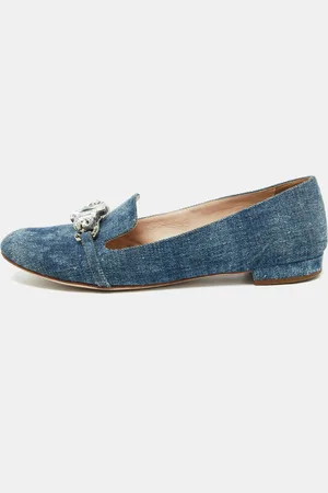 Miu Miu Denim Crystal Embellished Smoking Slippers Size 38