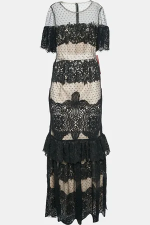 MONIQUE LHUILLIER Lace Short Sleeve Maxi Dress S
